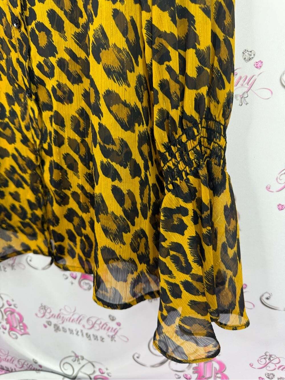 Joseph Ribkoff sparkly Yellow and Black Leopard Print Button-Front Blouse ruffle - Picture 4 of 7